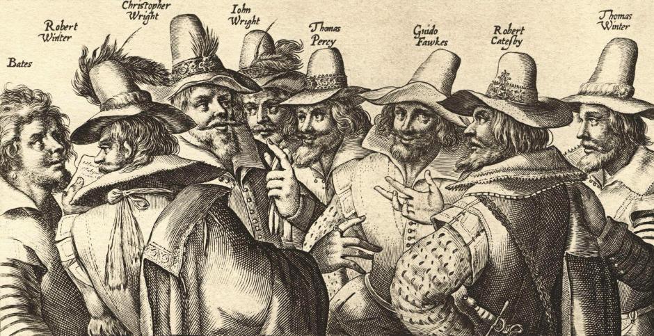 Un grabado contemporáneo que retrata a ocho de los trece conspiradores, elaborado por Crispijn van de Passe. Fawkes es el tercero por la derecha