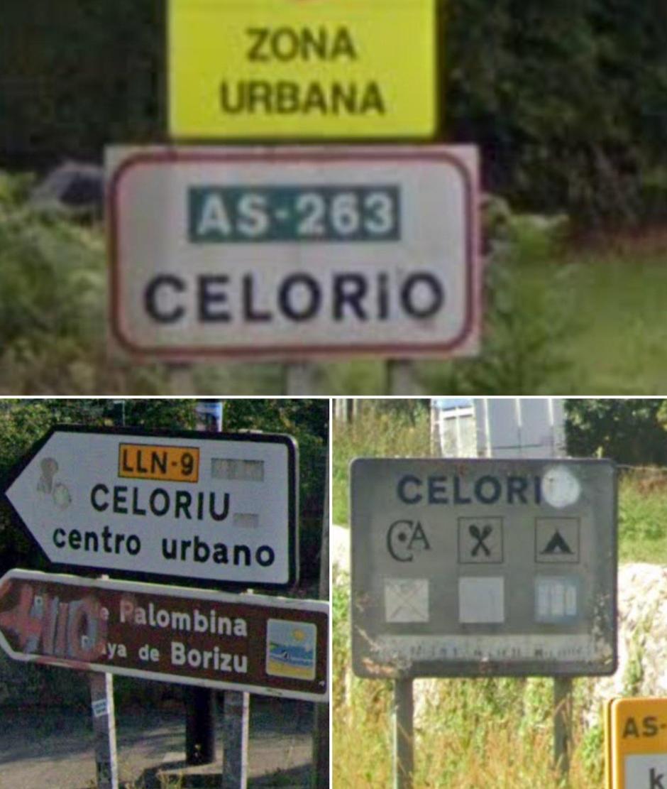 Señales con el nombre de un pueblo asturiano cambiado al bable