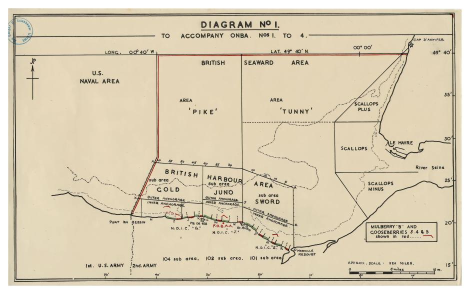 Plano de la zona de desembarco británica en el que se ve el alcance del puerto artificial