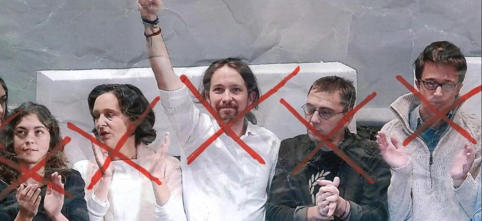 De izquierda a derecha, los fundadores de Podemos: Tania González, Carolina Bescansa, Pablo Iglesias, Juan Carlos Monedero e Íñigo Errejón