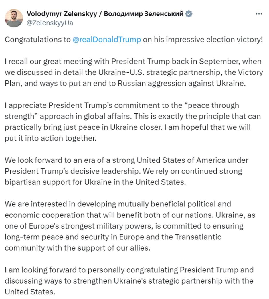Mensaje de felicitación del presidente ucraniano a Donald Trump tras su victoria electoral el pasado 6 de noviembre
