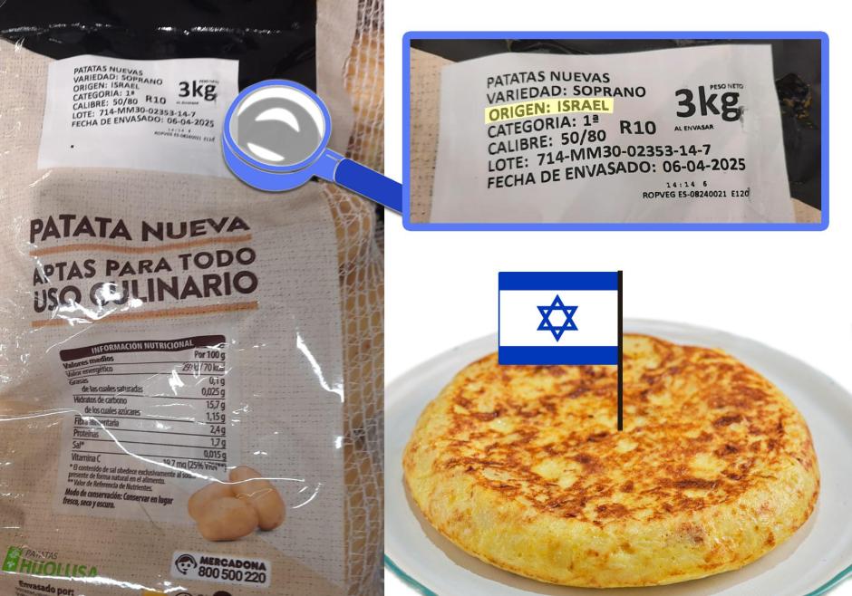 Composición con las patatas extranjeras en los lineales de los supermercados