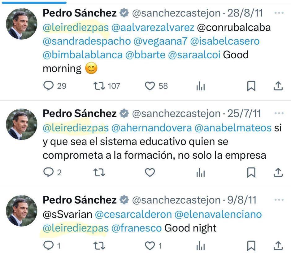 Mensajes de Twitter en los que Sánchez mencionaba a Leire Díez Castro