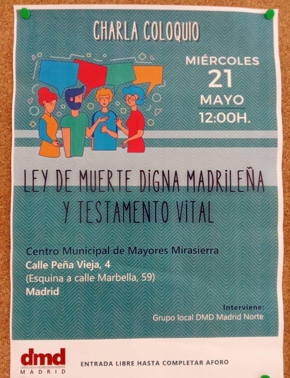 Cartel de la charla de DMD en el Centro de Mayores de Mirasierra