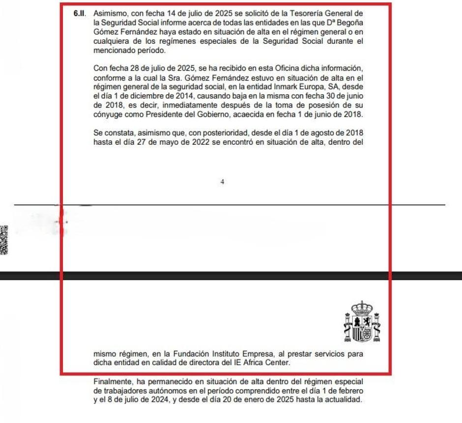 Extracto de la respuesta de la Seguridad Social sobre la situación laboral de alta de Begoña Gómez