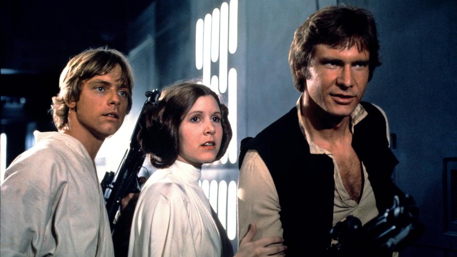 Mark Hamill, Carrie Fisher, Harrison Ford en un fotograma de Star Wars