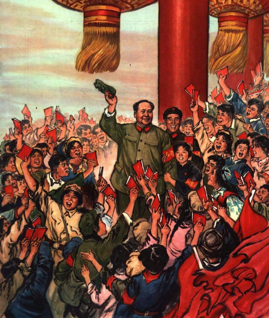 Ilustración de Mao Zedong con una gran multitud de personas