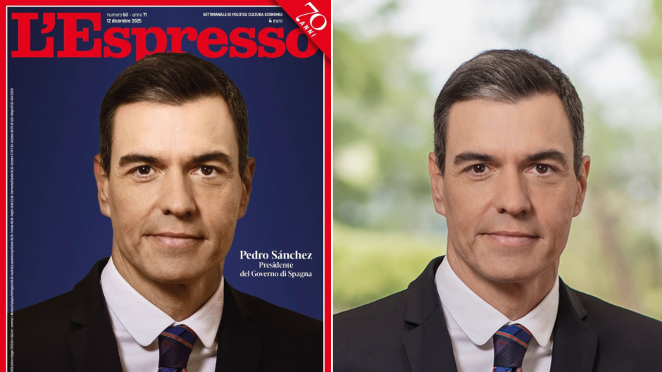 La portada del semanario italiano L'Espresso, y la imagen oficial de Pedro Sánchez en Moncloa, de hace dos años