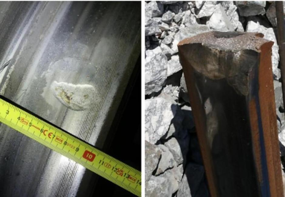 La primera imagen muestra las muescas en la rueda derecha del eje 13 del tren de Iryo (coche 4, primer eje del primer bogie); la segunda, el posible punto de colisión con la cabeza del carril