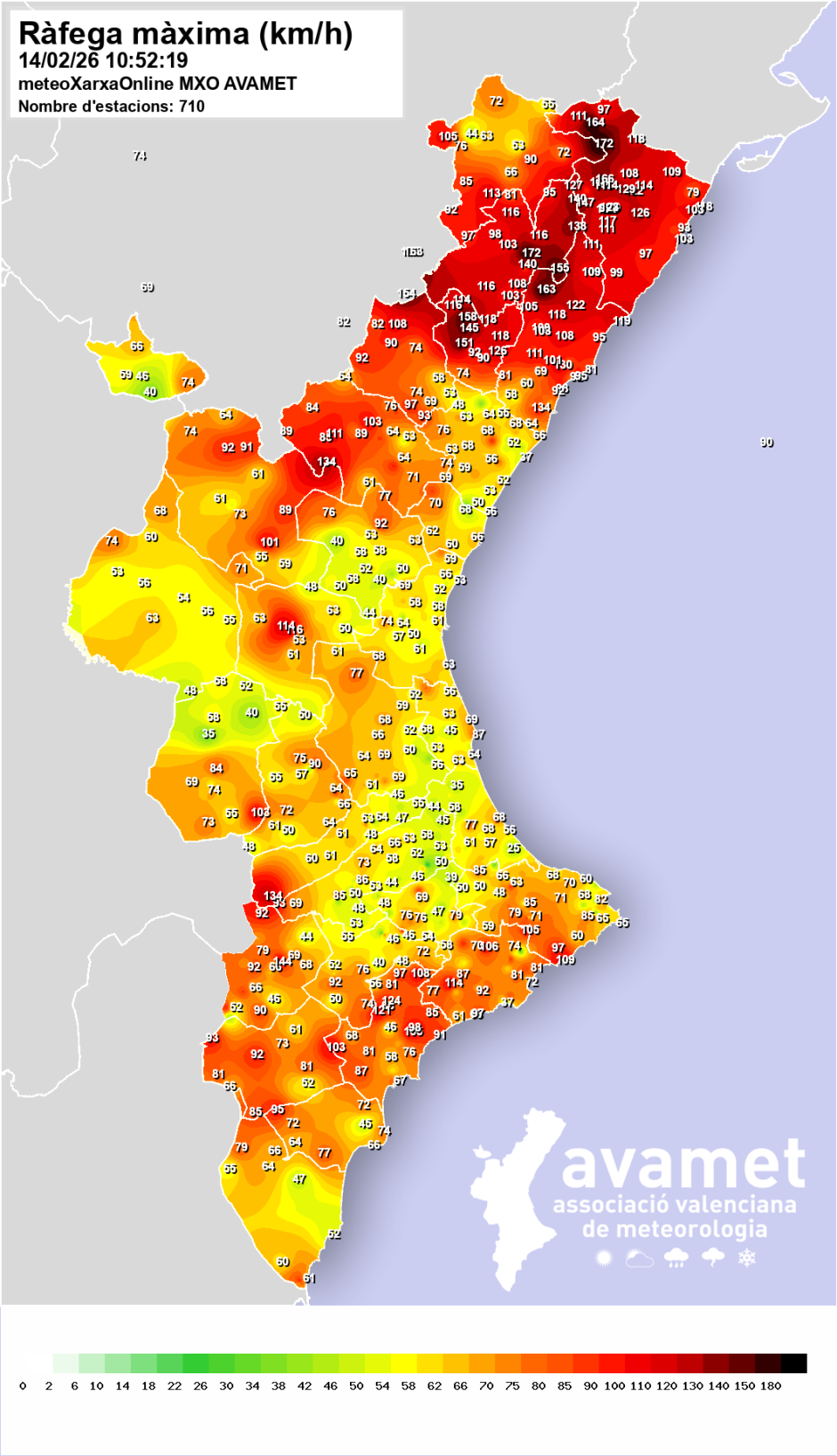 Mapa con las rachas de viento más fuertes de viento por la borrasca Oriana hasta las 10:52 horas de este sábado 14 de febrero en la Comunidad Valenciana