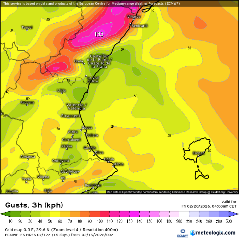 Mapa con las rachas de viento previstas por el modelo ECMWF en la Comunidad Valenciana.
