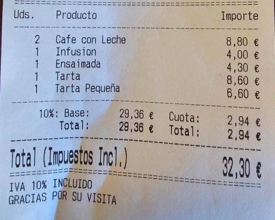 Imagen del ticket de la cuenta del desayuno