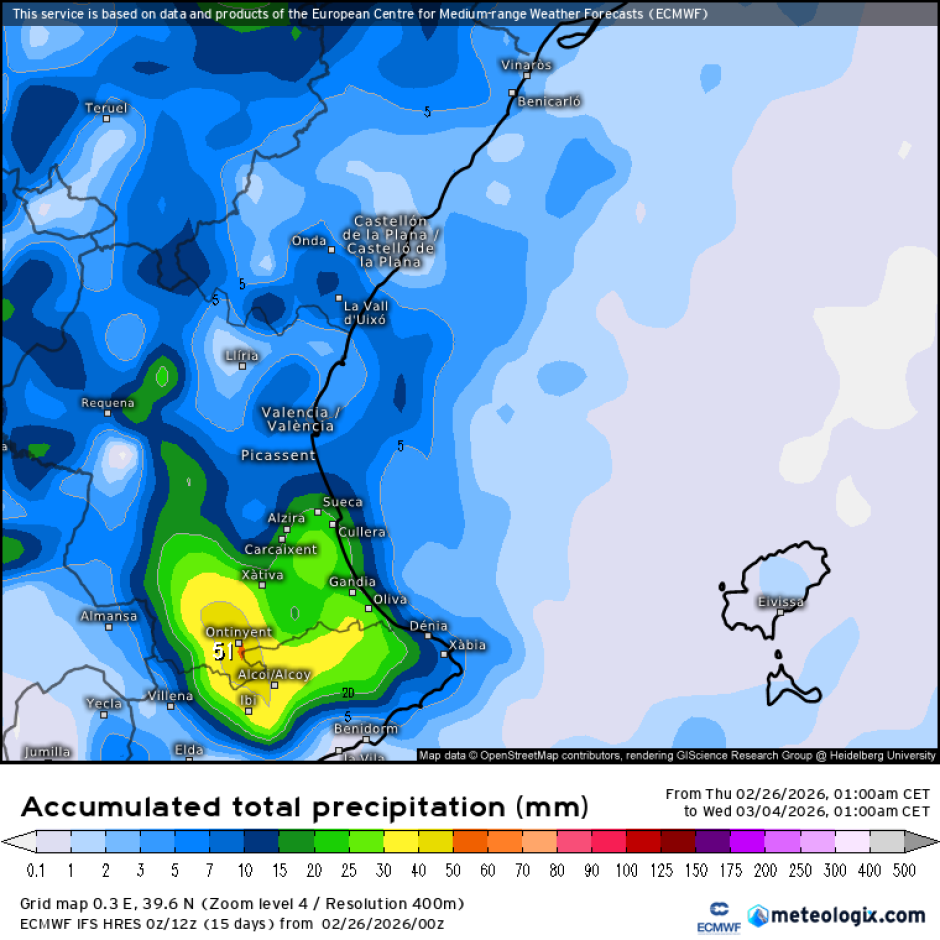 Mapa con las lluvias previstas por una dana según el modleo europeo ECMWF.