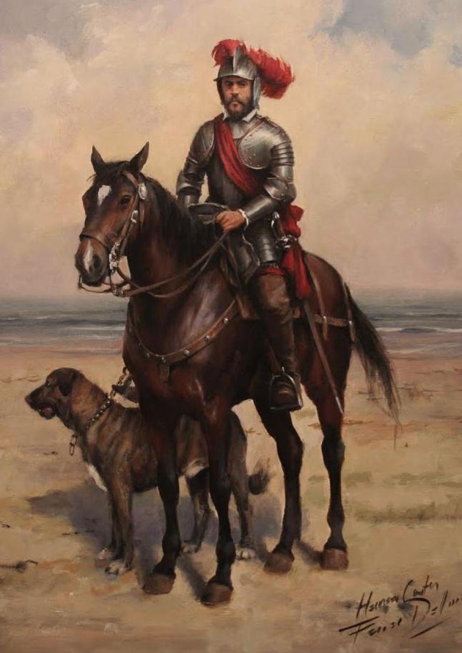 Hernán Cortés montado a caballo junto a un perro, obra del artista Augusto Ferrer-Dalmau