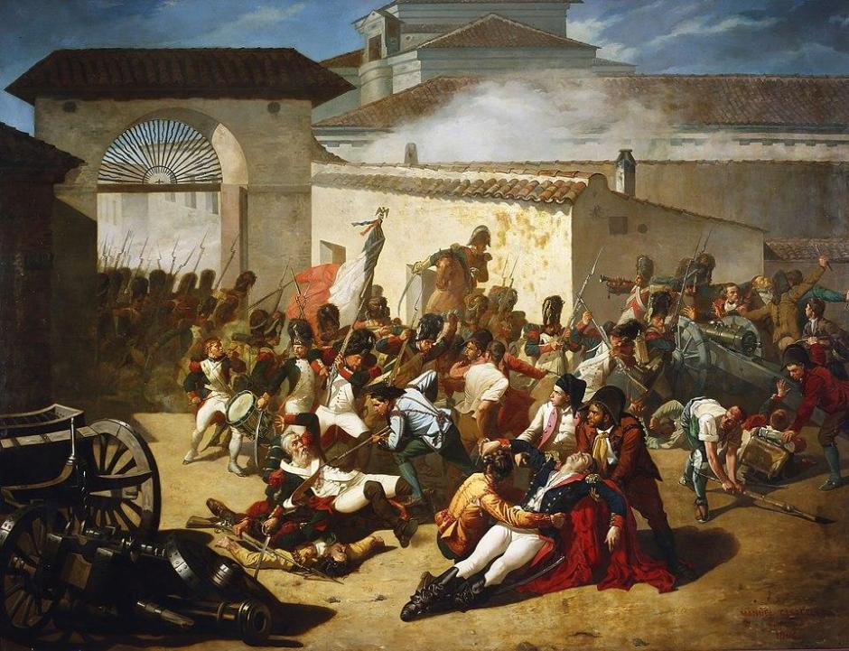 Representación de la muerte de Velarde frente al arco del parque de artillería de Monteleón