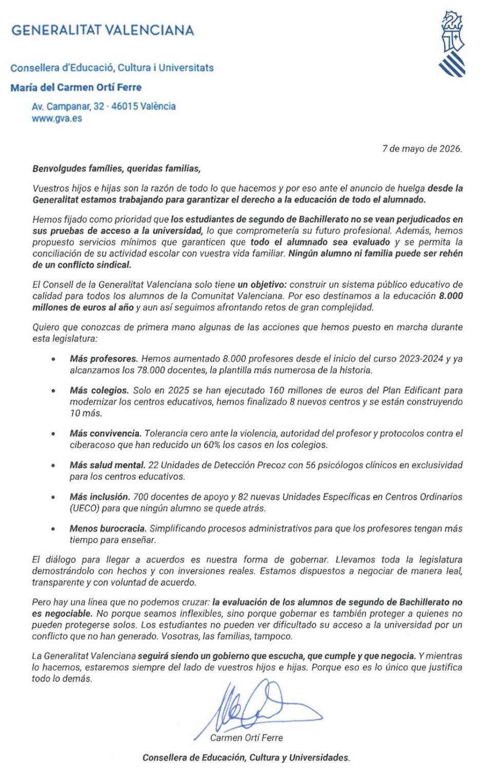 Carta remitida por la consellera de Educación de la Generalitat Valenciana a las familias ante el inicio de la huelga indefinida de profesores.
