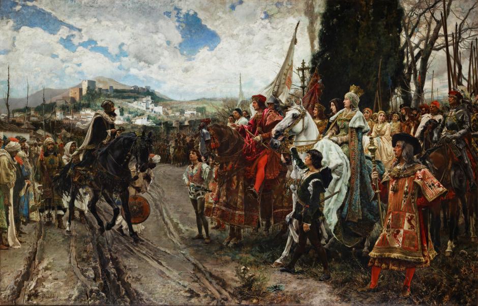 Boabdil entrega las llaves de Granada a los Reyes Católicos. La rendición de Granada de Francisco Pradilla (1882)