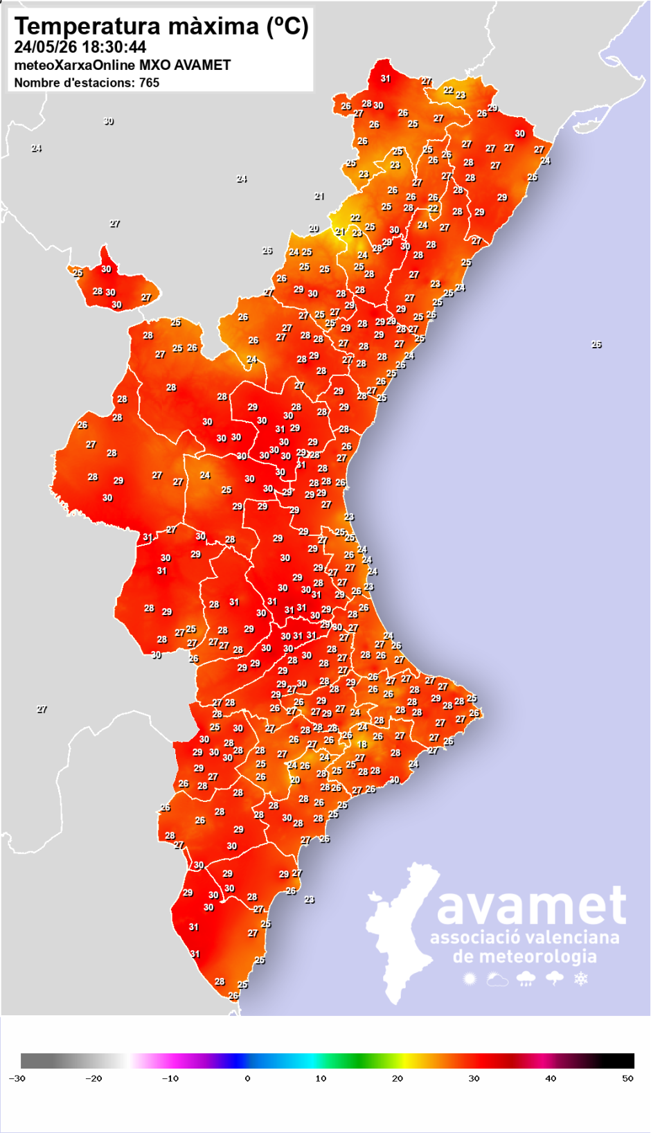 Mapa con las temperaturas máximas registradas este domingo 24 de mayo en la Comunidad Valenciana.