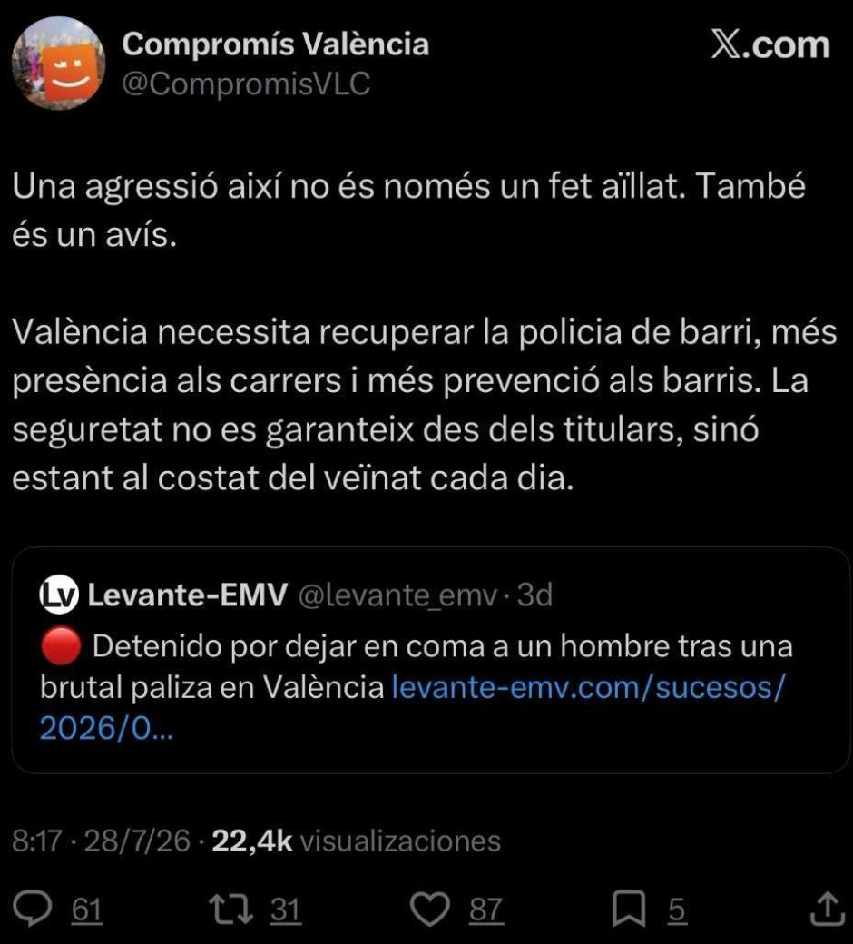 Imagen del mensaje eliminado por Compromís en el que reconoce que la agresión de un inmigrante ilegal "no es sólo un hecho aislado".