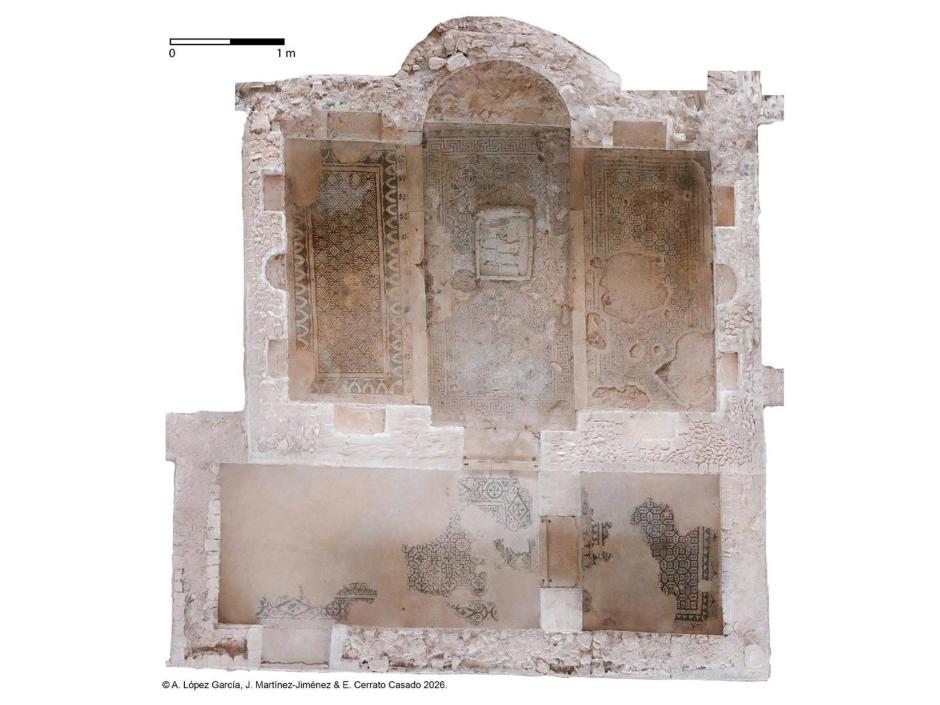 Modelo fotogramétrico de la biblioteca de Fuente Álamo (Puente Genil) en donde pueden apreciarse el ábside, los nichos rectangulares y semicirculares