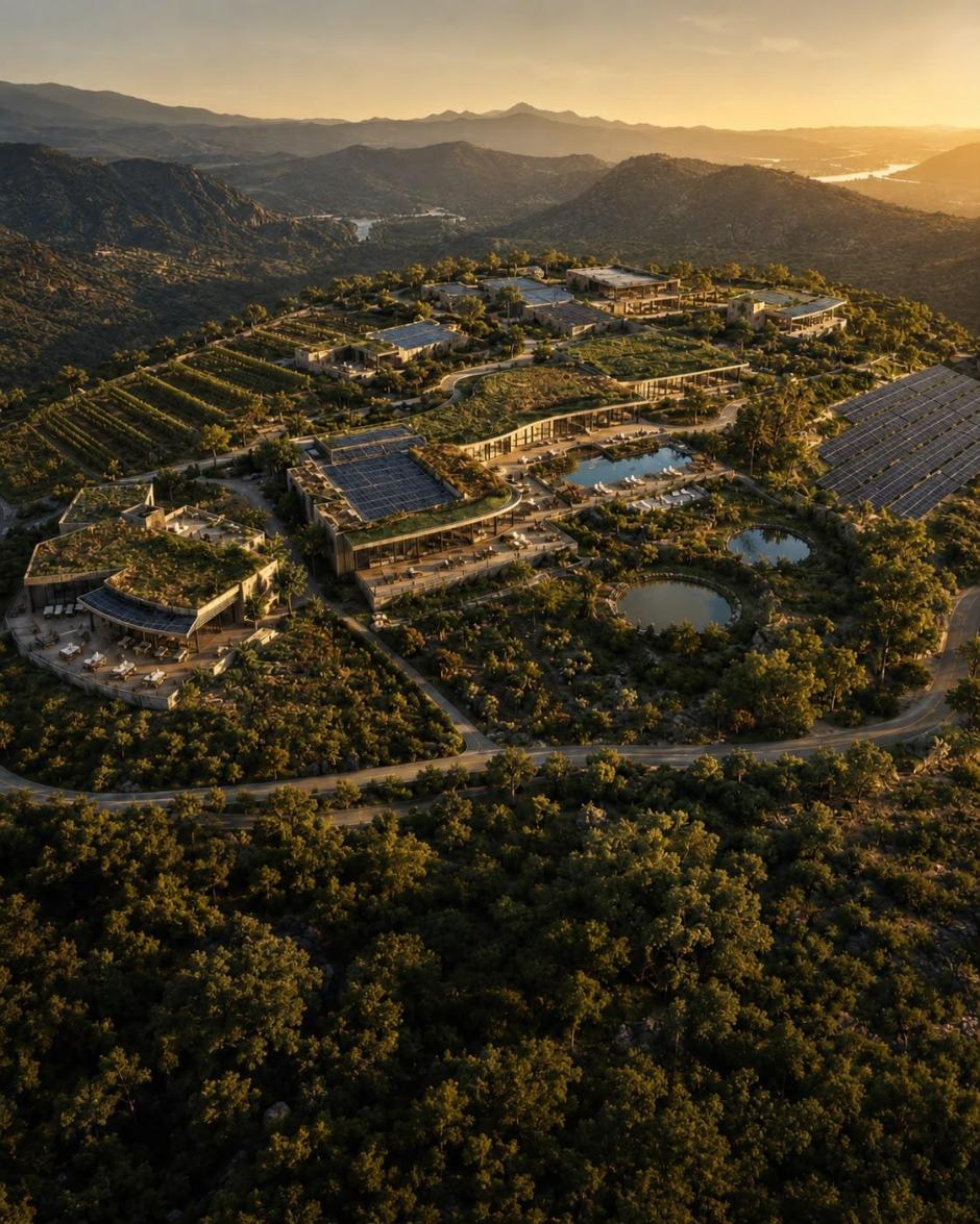 Render del proyecto de resort de lujo de casas modulares en el interior de Castellón
