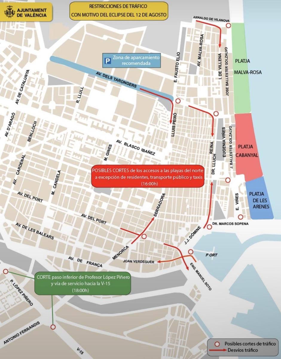 Imagen de las calles y restricciones al tráfico en Valencia por el eclipse
