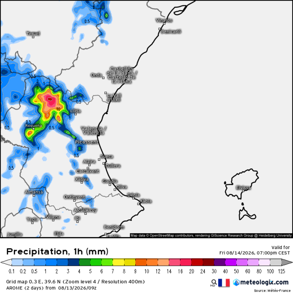 Mapa con la previsión de lluvias de AROME durante la tarde del viernes 14 de agosto en Valencia.