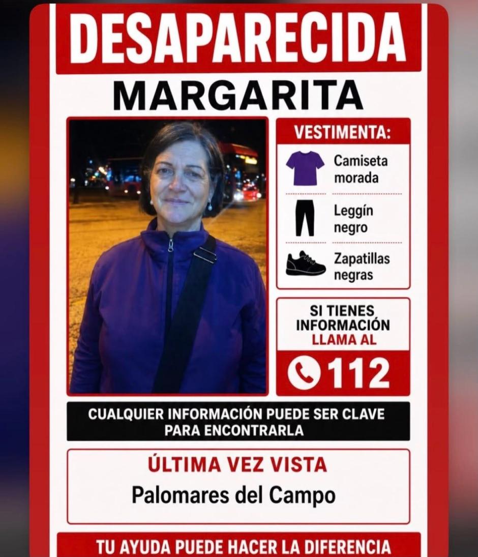 Margarita, mujer desaparecida desde el martes en la localidad conquense de Palomares del Campo.

REMITIDA / HANDOUT por AYUNTAMIENTO
Fotografía remitida a medios de comunicación exclusivamente para ilustrar la noticia a la que hace referencia la imagen, y citando la procedencia de la imagen en la firma
13/8/2026