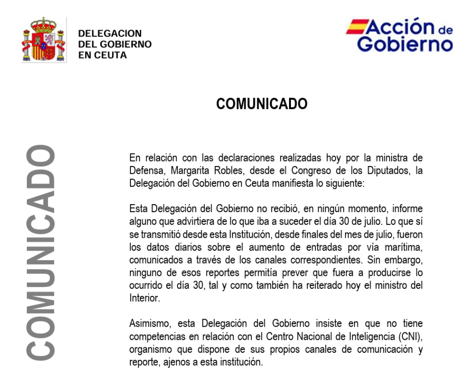 Comunicado de la Delegación del Gobierno en Ceuta