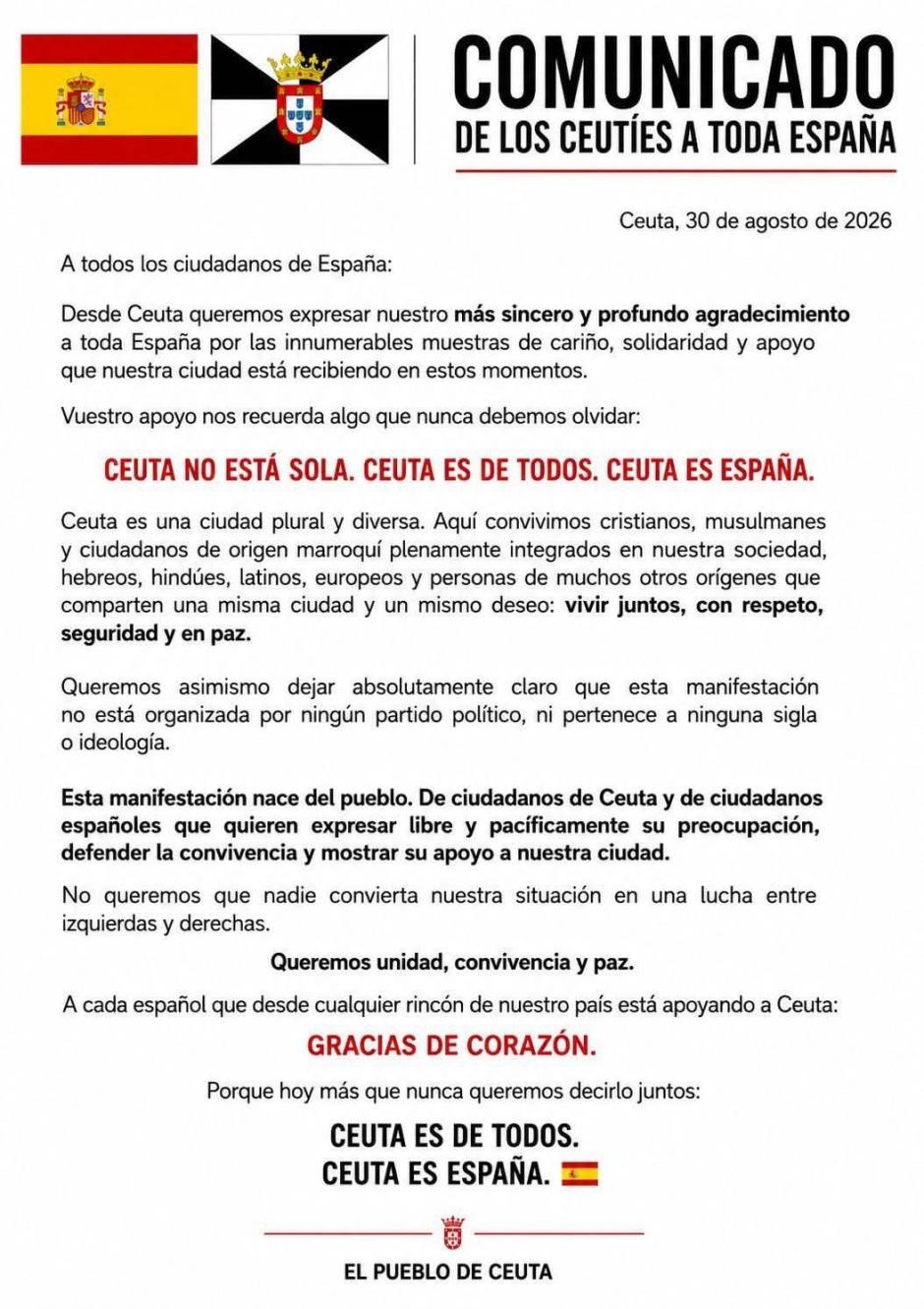 Comunicado del pueblo de Ceuta en el que pide acudir a las manifestaciones del 2 de septiembre