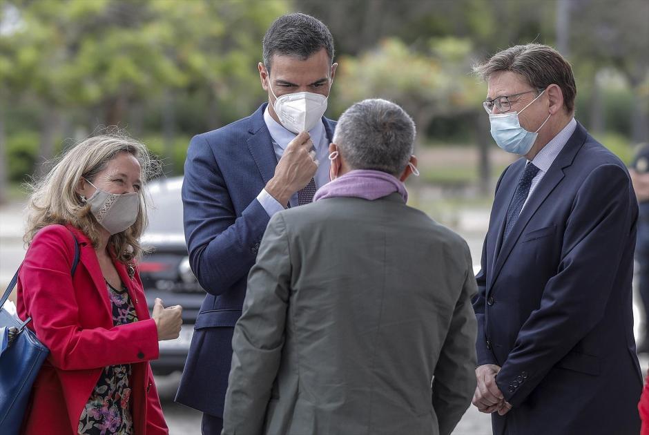 Imagen de archivo del presidente del Gobierno, Pedro Sánchez, Nadia Calviño, Pepe Álvarez y Ximo Puig en el congreso de la UGT en Valencia