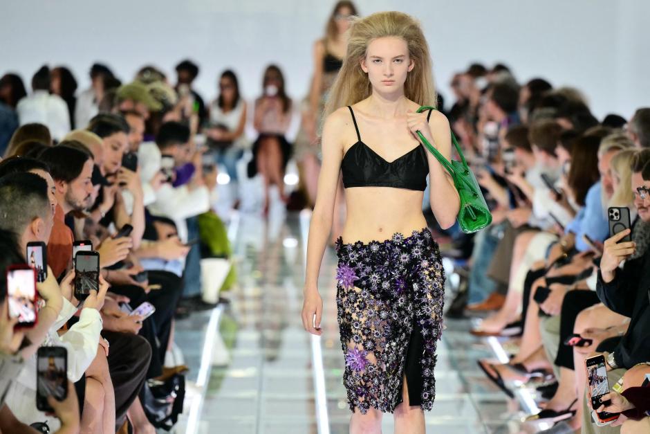 A model walks the runway during the Prada collection show as part of Women's Spring/Summer 2027 Milan's fashion week, on September 22, 2026. (Photo by Stefano RELLANDINI / AFP)