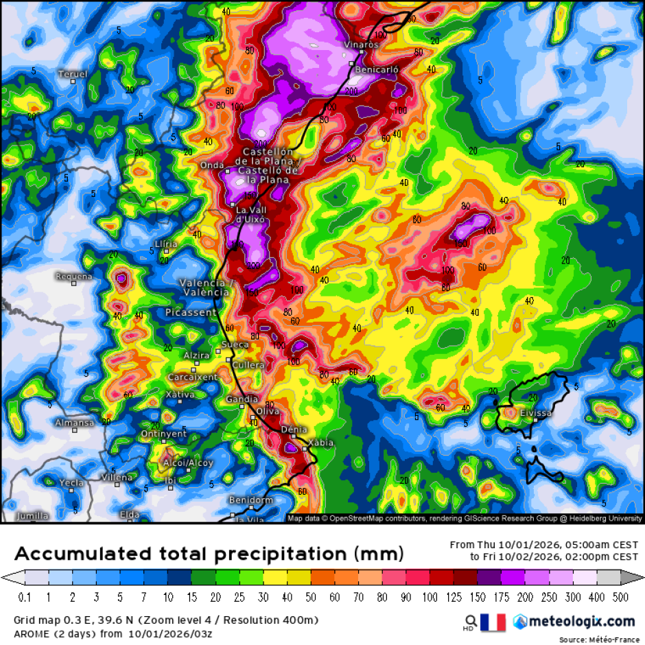 Mapa de lluvias previstas entre el 1 y el 2 de octubre en Valencia y Castellón durante el aviso rojo de Aemet.