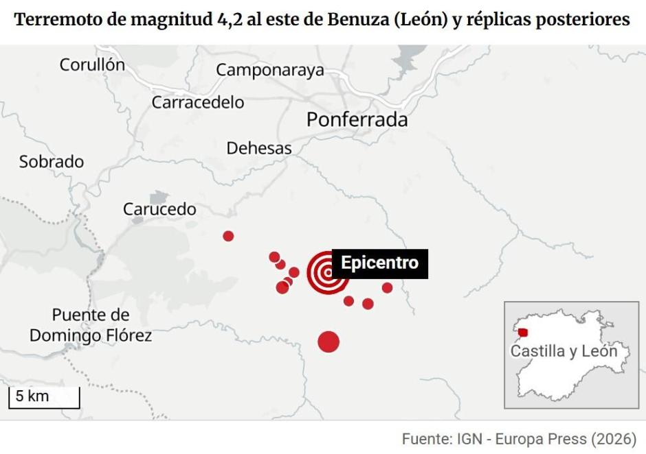 Mapas con localización y réplicas del terremoto en el Bierzo