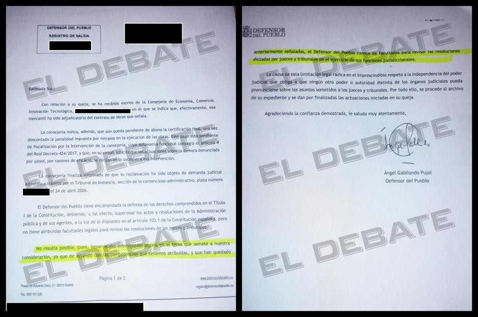 Respuesta del Defensor del Pueblo a la que ha tenido acceso El Debate en exclusiva