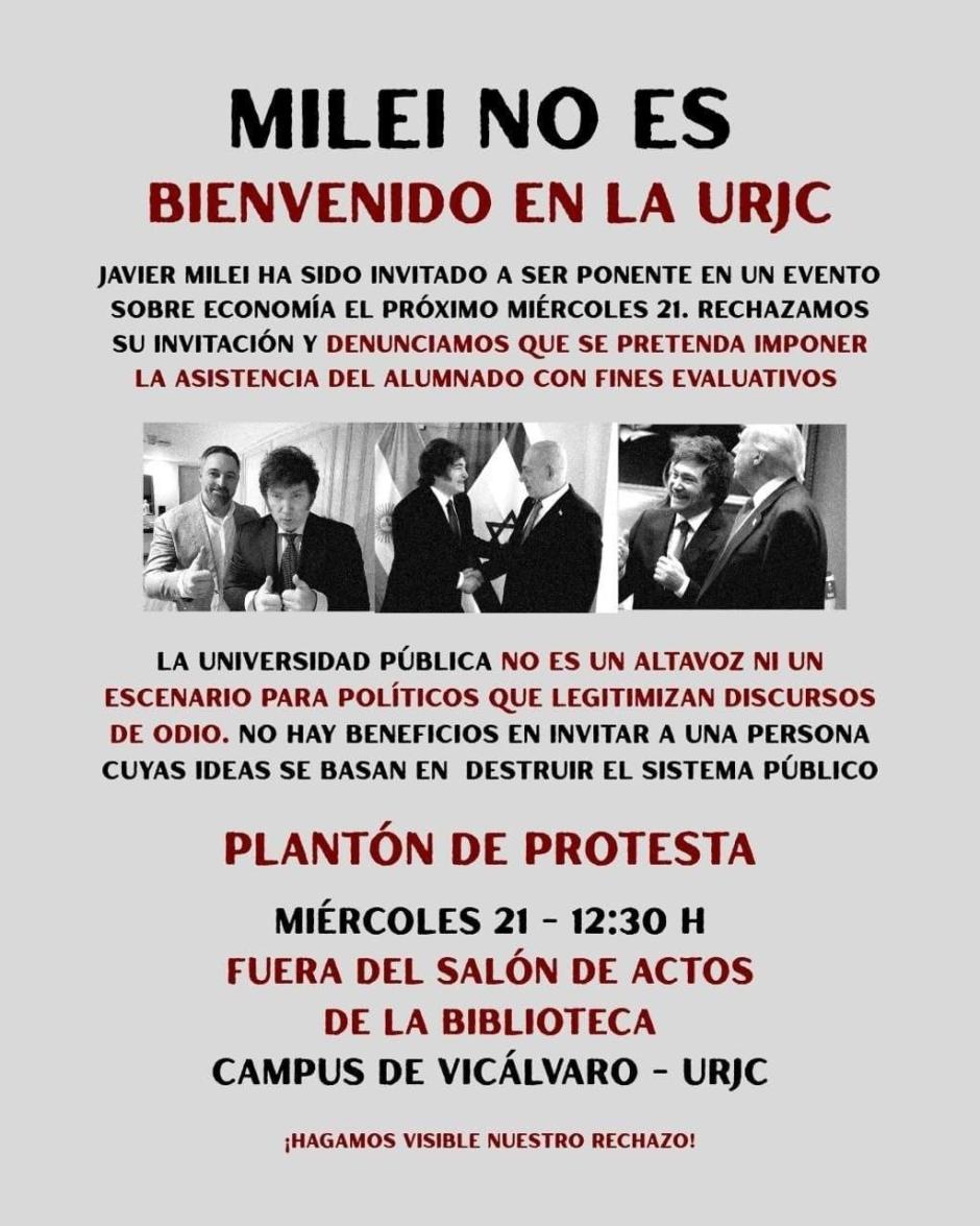Convocan una protesta universitaria contra la participación de Milei "y su agenda propagandística" en un acto en la URJC