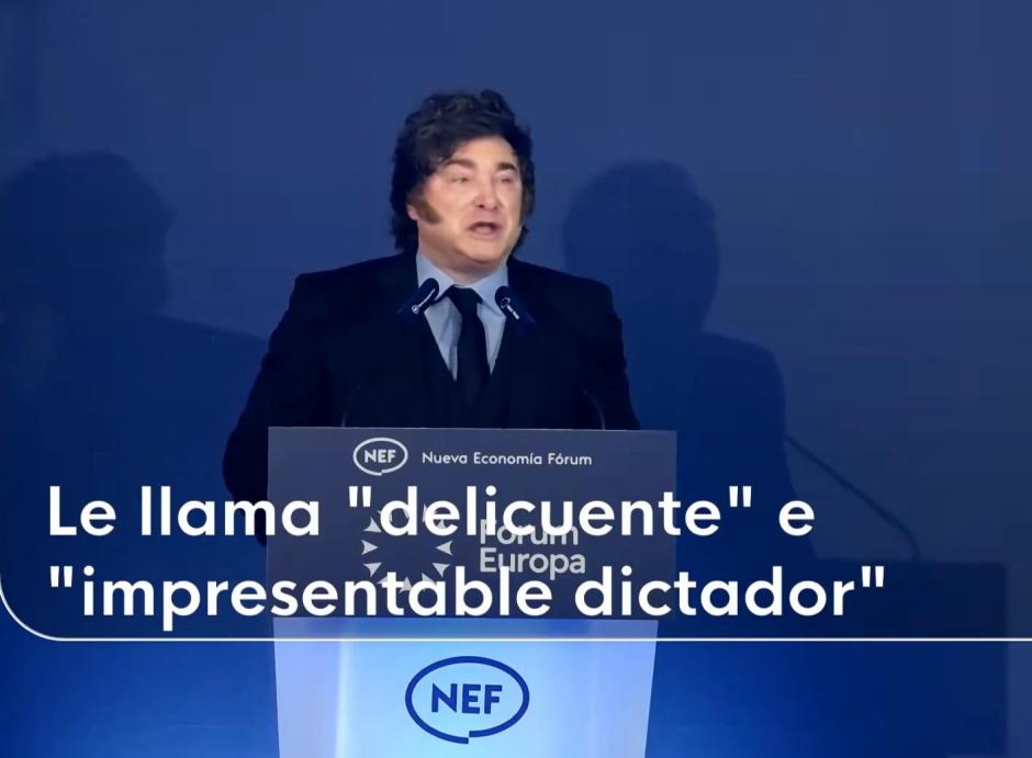 El rótulo del Telediario 1, con errata incluida, sobre la visita de Milei a Madrid