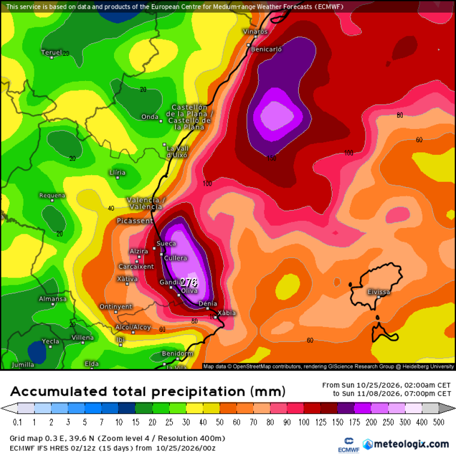 Mapa con la previsión de lluvias acumuladas en la Comunidad Valenciana hasta el 8 de noviembre de 2026.