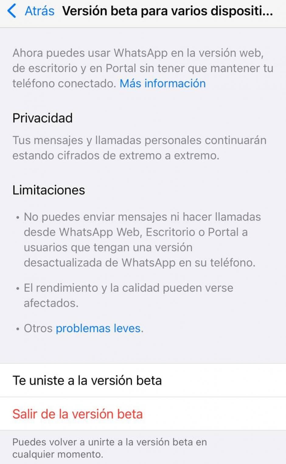 WhatsApp advierte de las limitaciones del servicio