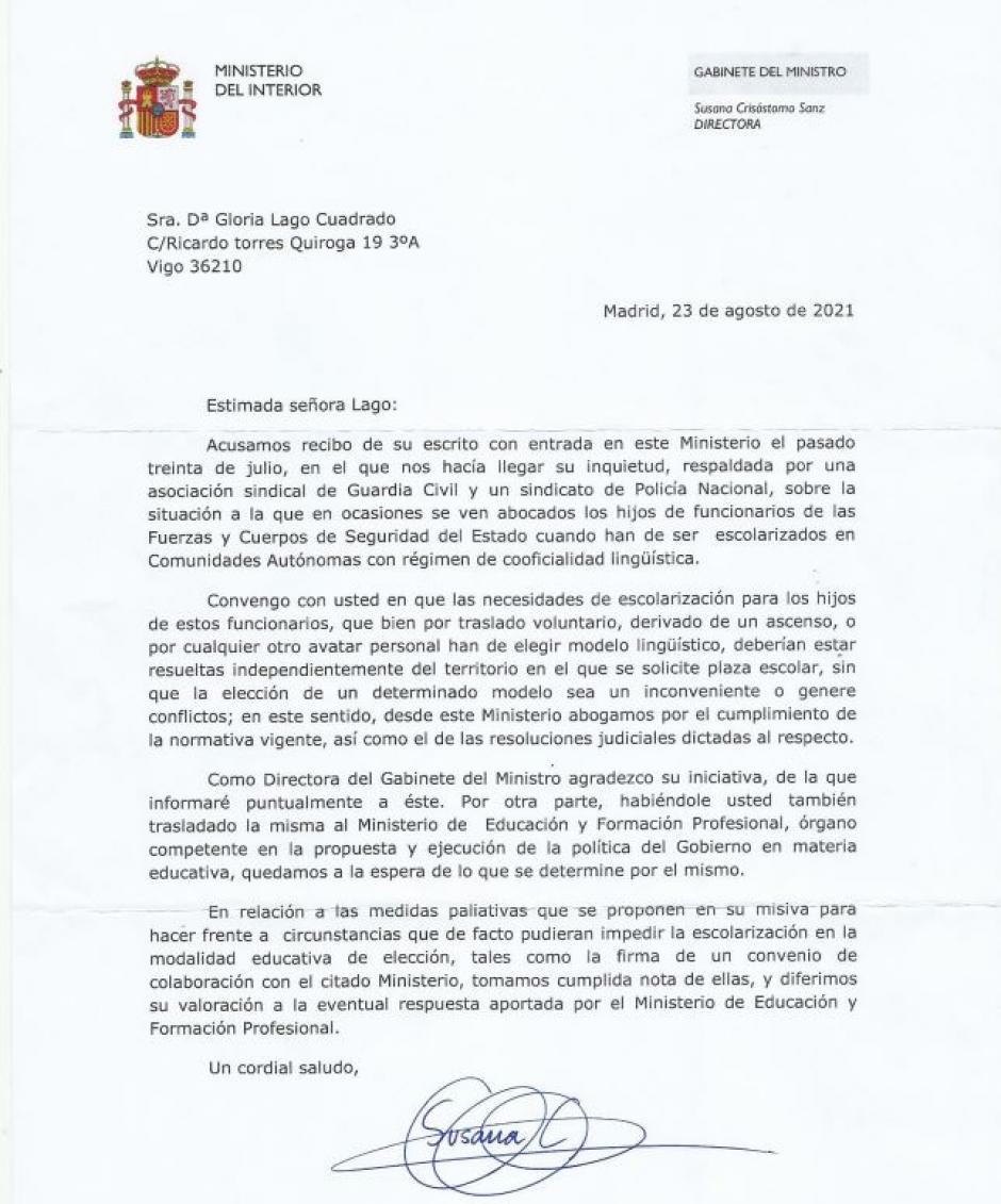 Carta del Ministerio de Interior
