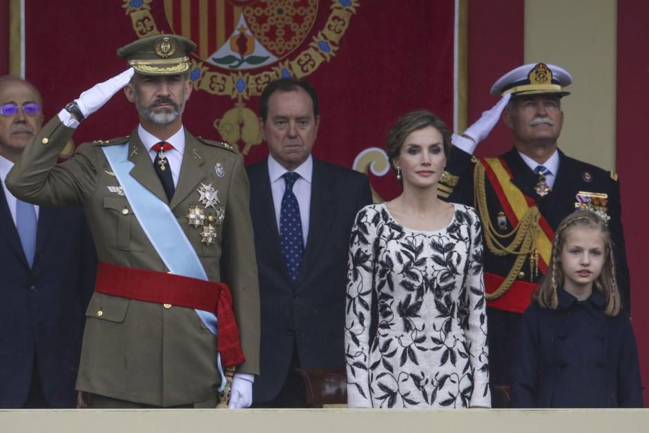 Kings of Spain, Felipe VI and Letizia Ortiz and their daughter princess Leonor of Borbon attending a military parade, during the known as Dia de la Hispanidad, Spain's National Day, in Madrid, on Wednesday 12nd October, 2016.