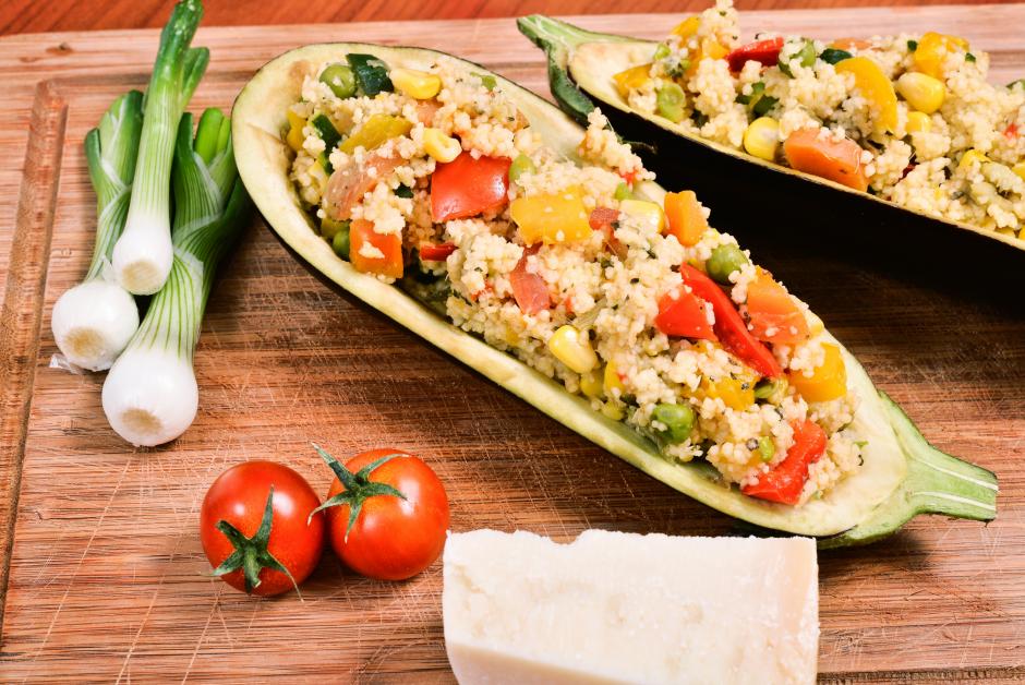couscous with vegetables inside a hollowed eggplant