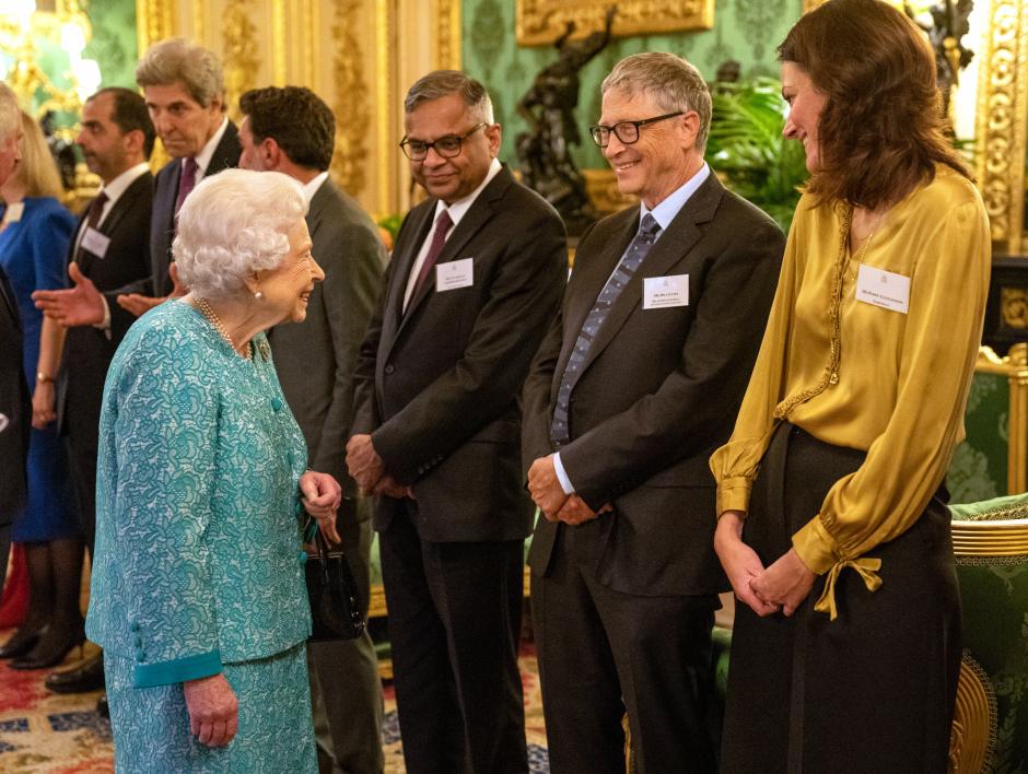 Queen Elizabeth II greets Bill Gates at a reception for the Global Investment Summit in Windsor, Britain, October 19, 2021.