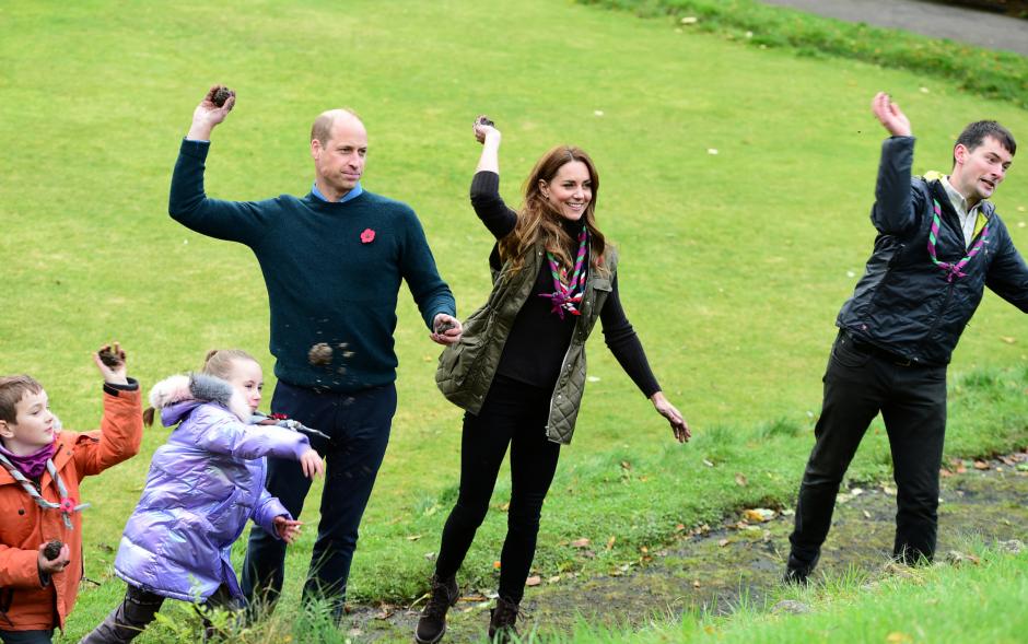 Britain's Prince William and Kate Middleton, celebrate the Scouts #PromiseToThePlanet campaign during a visit to 105th Glasgow Scouts, at the Alexandra Sports Hub, on the sidelines of the UN Climate Change Conference (COP26) in Glasgow, Scotland, Britain, November 1, 2021.