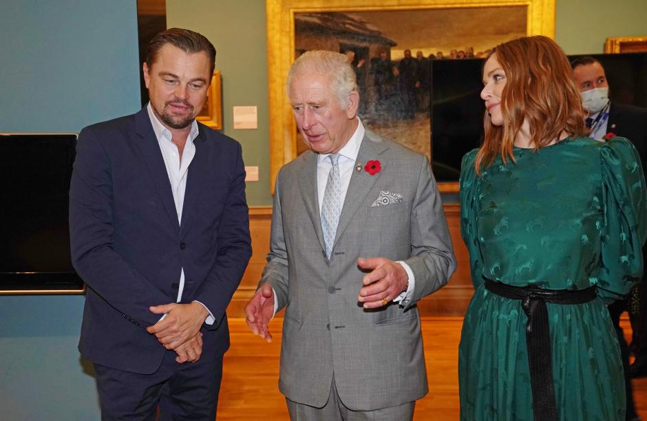 Prince Charles of Wales , designer Stella McCartney and Leonardo DiCaprio during the Cop26 summit being held at the Scottish Event Campus (SEC) in Glasgow. Picture date: Wednesday November 3, 2021.