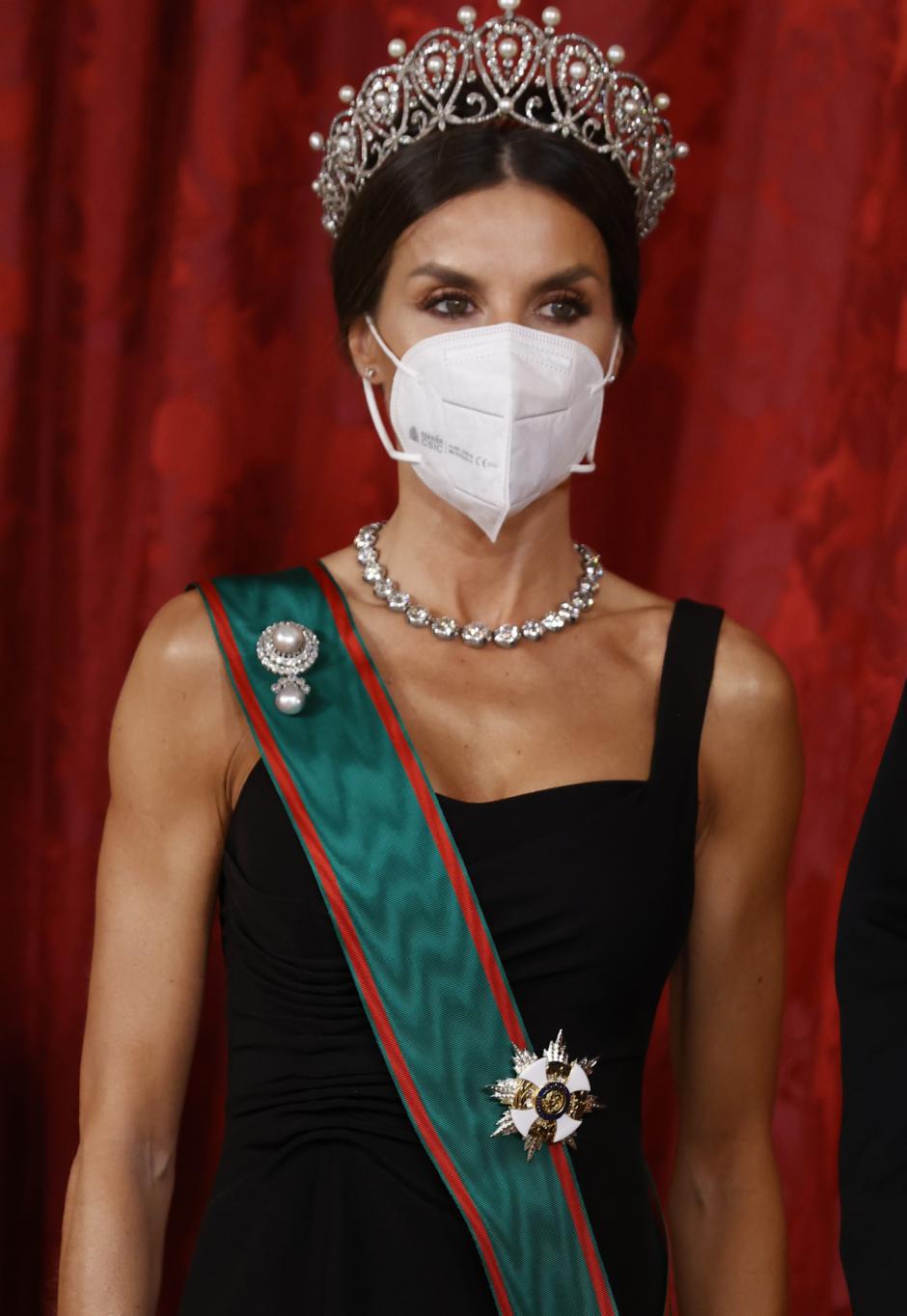 Queen Letizia Ortiz during a gala dinner at the RoyalPalace, in Madrid, due to the official trip of Italy President to Spain, in Madrid on Tuesday16 November 2021.