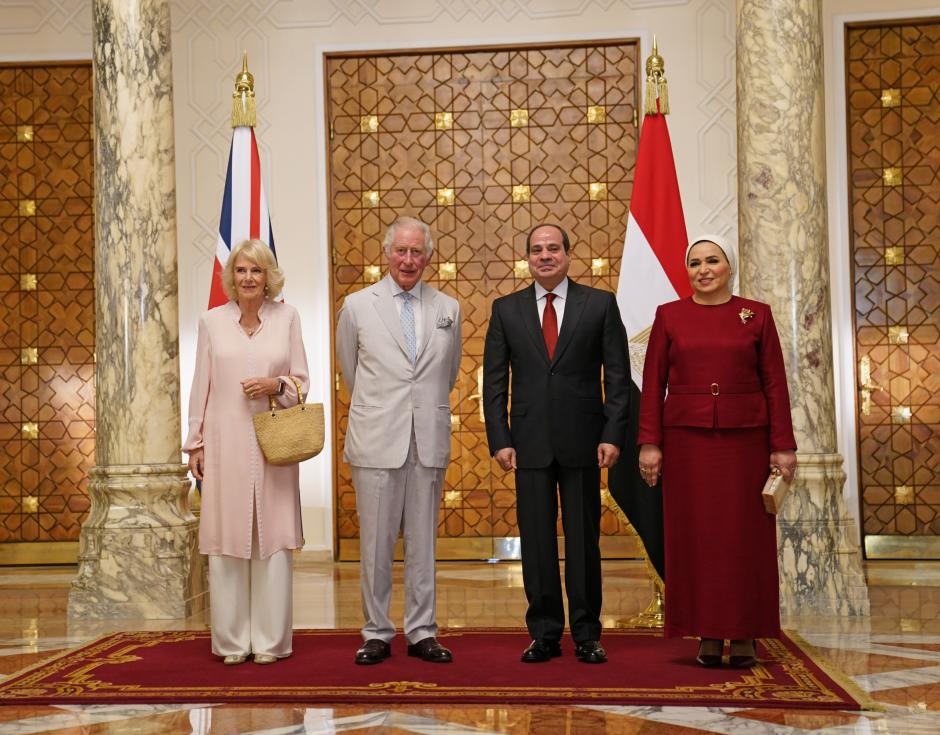 The Prince Charles of Wales and The Duchess of Cornwall meet the President of Egypt, Abdel Fattah el Sisi, and the First Lady, Entissar Amer, at Al-IttahadiyaPalace in Cairo, on the third day of their tour of the Middle East. Picture date: Thursday November 18, 2021. *** Local Caption *** .