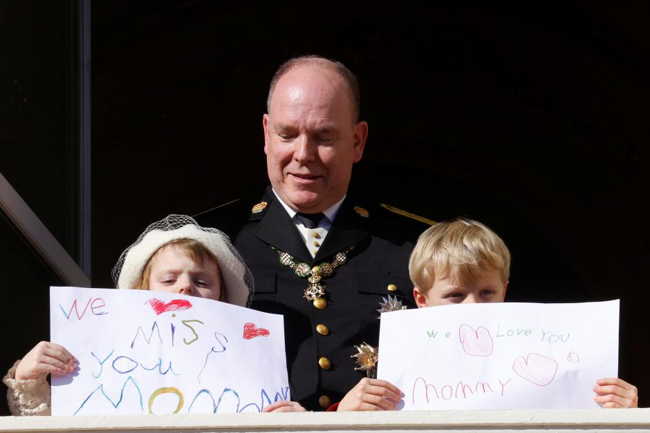 Prince Albert II of Monaco with Prince Jacques and Princess Gabriella during the ceremonies marking the National Day in Monaco,, Friday Nov.19, 2021 in Monaco.
