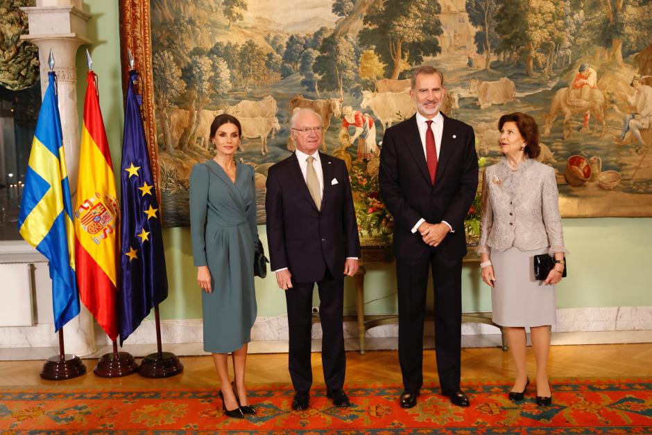 Spanish King Felipe and Letizia with King Carl Gustaf and Queen Silvia at a reception at the at the residence of the Ambassador of Spain in Stockholm, Sweden November 25, 2021.