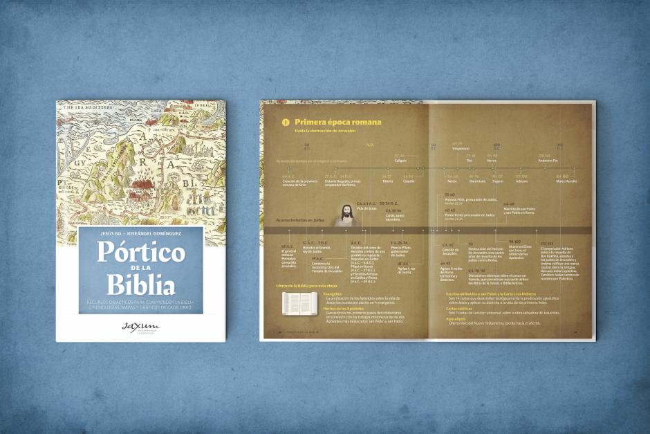 Portada y uno de los ejes cronológicos del libro "Pórtico de la Biblia"